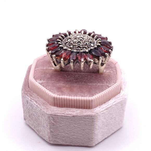 Sterling Silver SunFlower With Garnets and Marcasite 7.5” - Picture 7 of 8